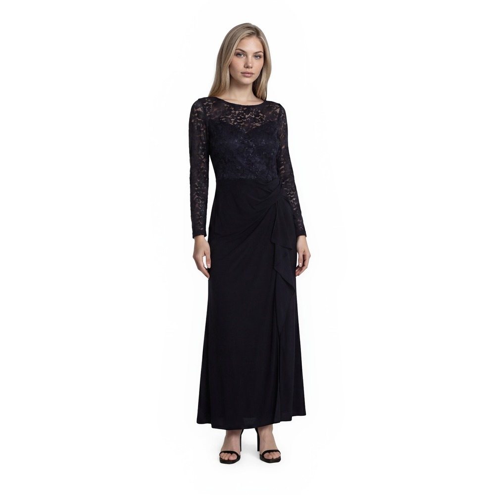 NEW Lauren Ralph Lauren Evening Gown Dress Women's Size 6 Navy Lace Side Drape‎